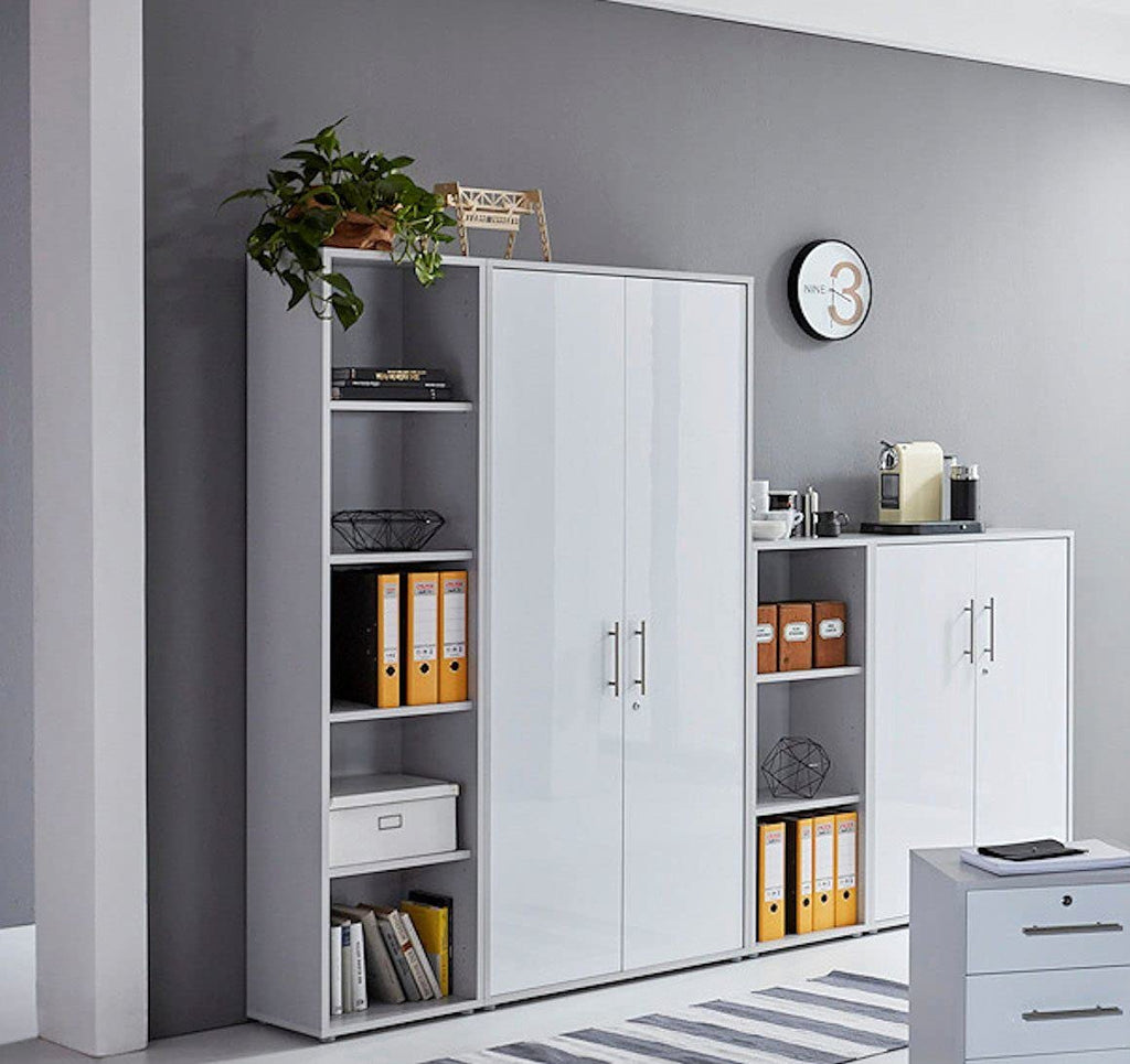 Schrankwand Office Edition abschliessbarer Aktenschrank Büroschrank Büromöbel Regal in Lichtgrau/Weiß Hochglanz (Set 4)