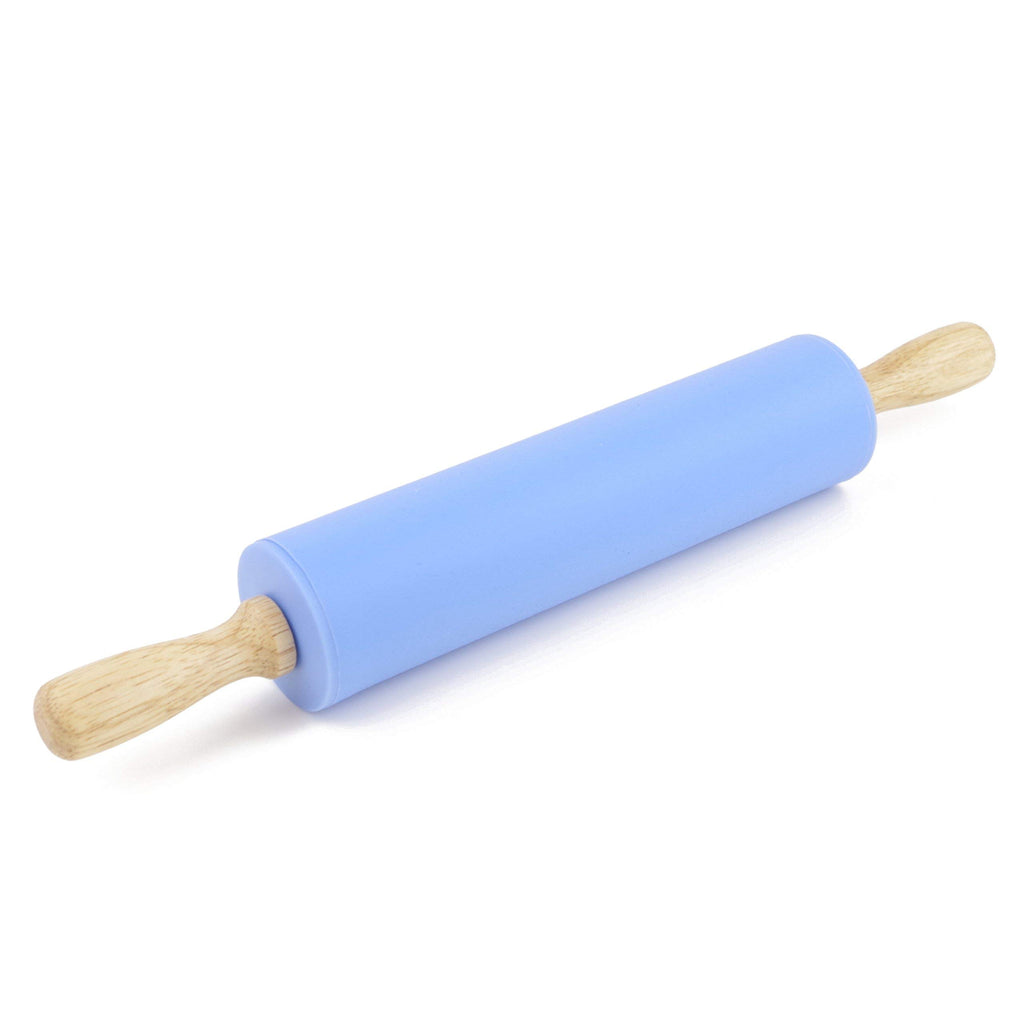 Teigroller mit Metallachse, Silikon Nudelholz als Backzubehör, Backrolle mit nicht klebend Silikon Teigroller Holzgriff aus Buchenholz (Maße:30/38cm)