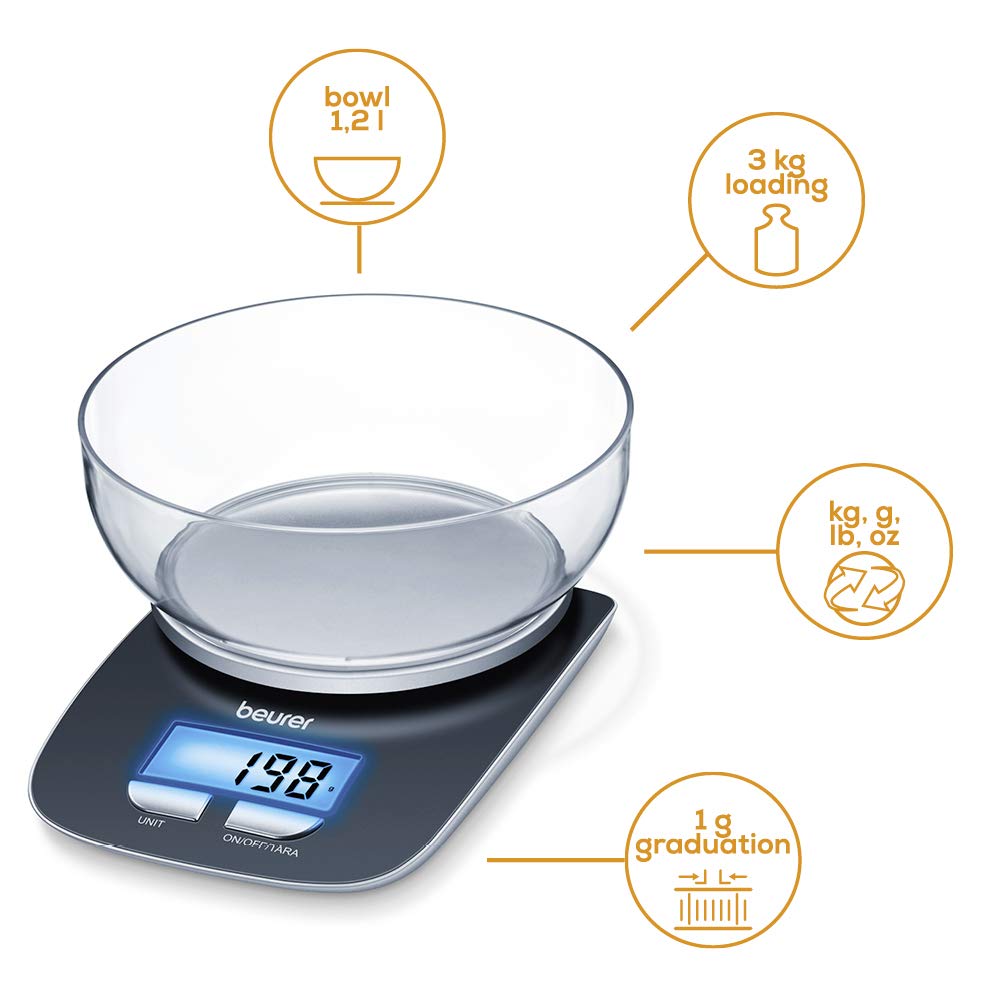 Beurer KS 25 Küchenwaage mit 1,2l Wiegeschüssel, digitale Küchenwaage mit Tara-Zuwiegefunktion und 3kg Tragkraft, (L x B x H) 220 x 150 x 50 mm
