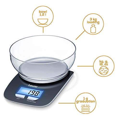 Beurer KS 25 Küchenwaage mit 1,2l Wiegeschüssel, digitale Küchenwaage mit Tara-Zuwiegefunktion und 3kg Tragkraft, (L x B x H) 220 x 150 x 50 mm
