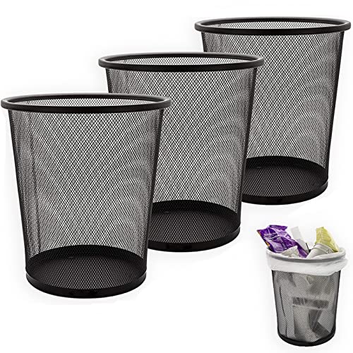 SENENQU 3 Stück Papierkorb Metall, 12L Büro Mülleimer Schwarz Metall Gitter, kleine Papierkorb Mülleimer Abfalleimer Büro Schreibtisch Schlafzimmer Badezimmer - 26.5 x 23.5 x 18.8 CM