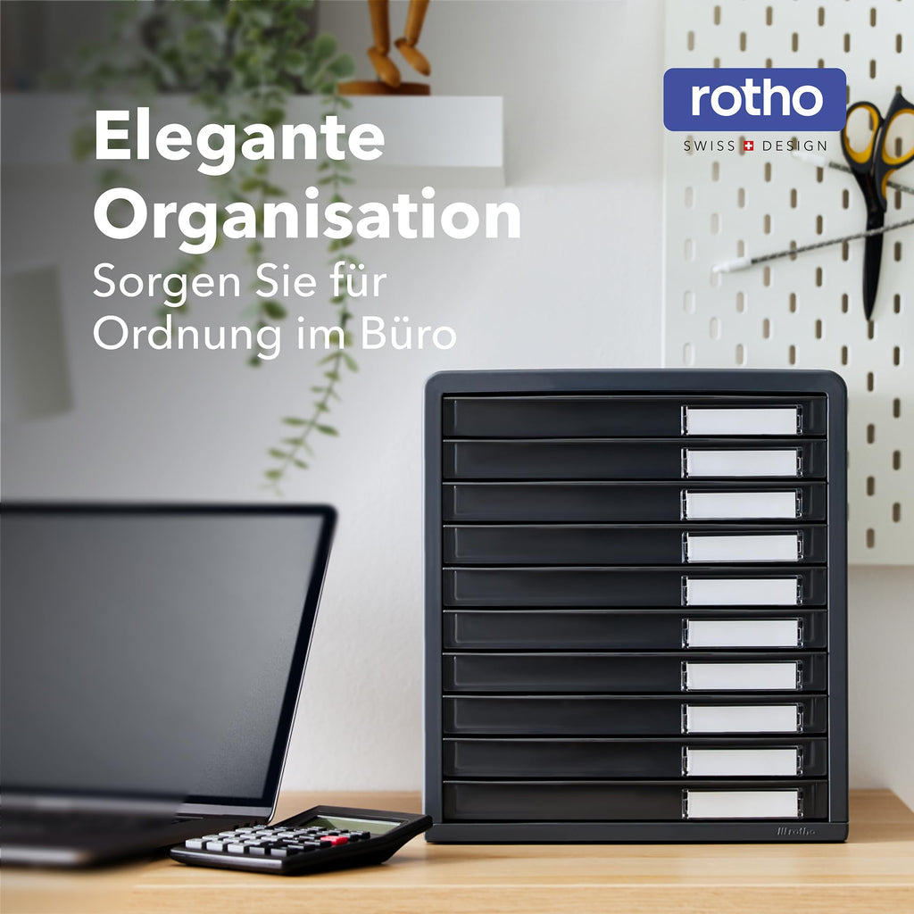 Rotho Timeless Schubladenbox / Bürobox mit 10 Schüben, Kunststoff (PS) BPA-frei, anthrazit, (34.5 x 29.0 x 32.0 cm), Grau