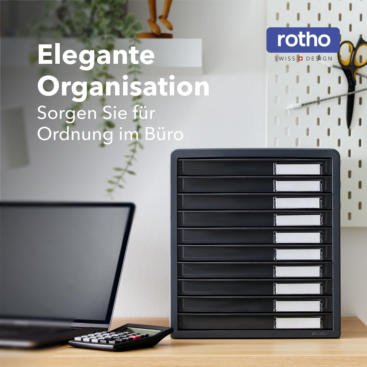 Rotho Timeless Schubladenbox / Bürobox mit 10 Schüben, Kunststoff (PS) BPA-frei, anthrazit, (34.5 x 29.0 x 32.0 cm), Grau