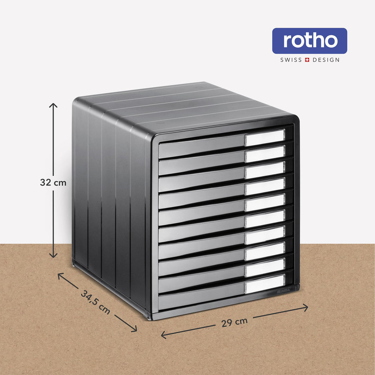 Rotho Timeless Schubladenbox / Bürobox mit 10 Schüben, Kunststoff (PS) BPA-frei, anthrazit, (34.5 x 29.0 x 32.0 cm), Grau
