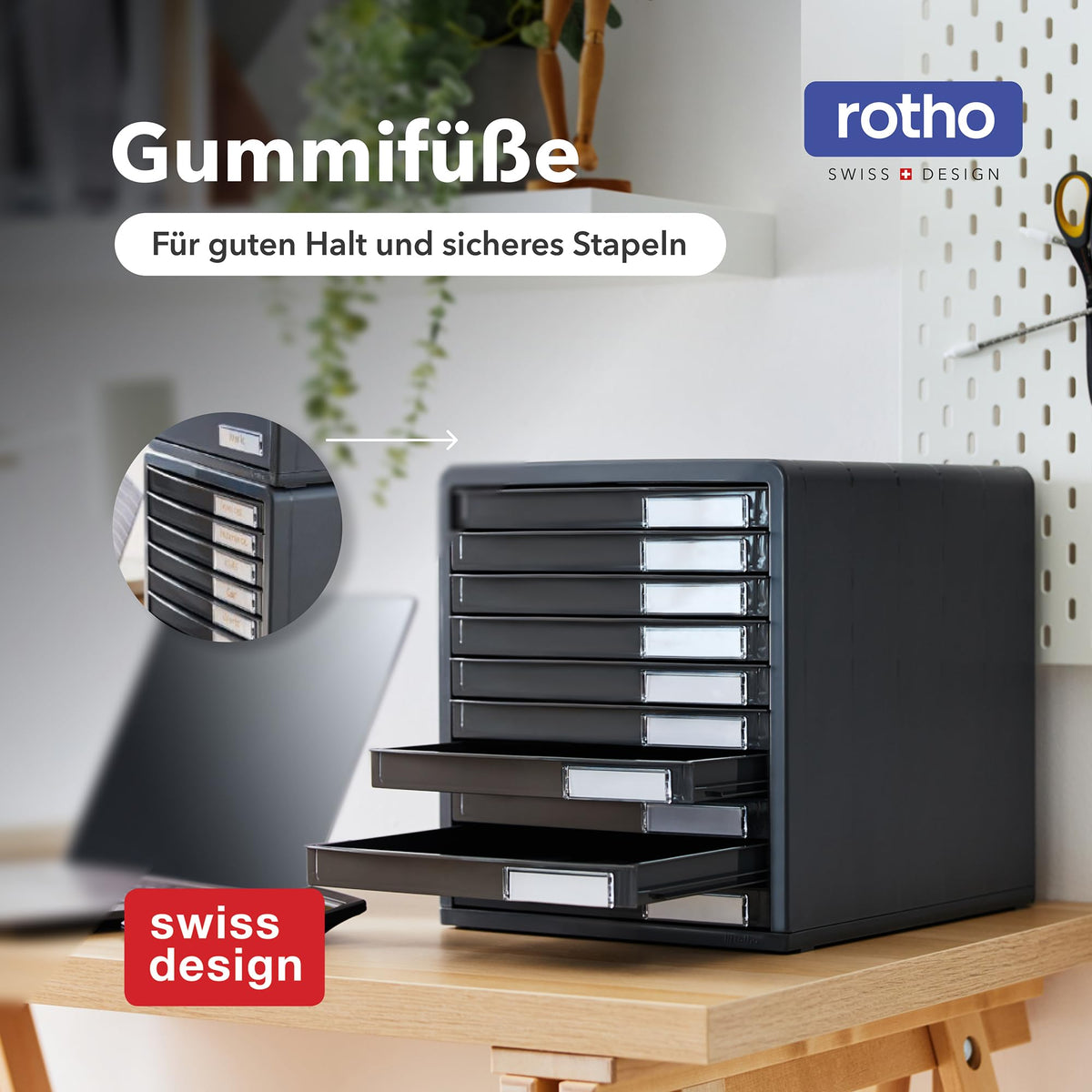 Rotho Timeless Schubladenbox / Bürobox mit 10 Schüben, Kunststoff (PS) BPA-frei, anthrazit, (34.5 x 29.0 x 32.0 cm), Grau