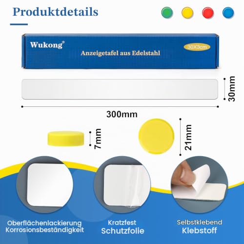 Wukong 6 Stück Magnettafel Memotafel, 30x3cm Weiß Selbstklebend Magnetleisten mit 16 Stück Runden Starke Magnete für Büro, Pinnwand, Fotowand, Dokumente und Kühlschrank