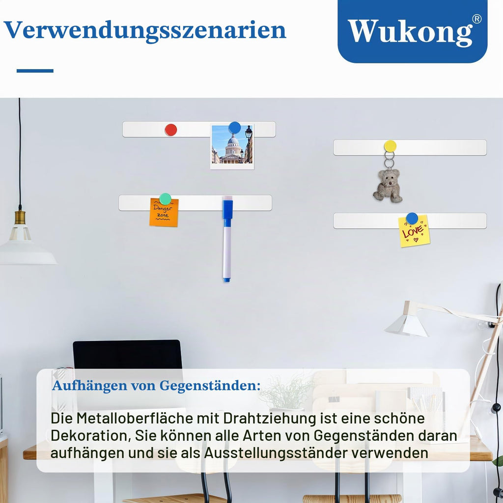 Wukong 6 Stück Magnettafel Memotafel, 30x3cm Weiß Selbstklebend Magnetleisten mit 16 Stück Runden Starke Magnete für Büro, Pinnwand, Fotowand, Dokumente und Kühlschrank