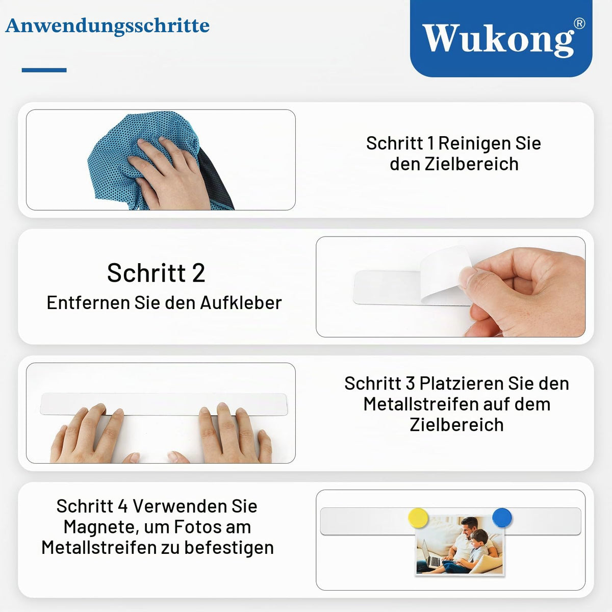 Wukong 6 Stück Magnettafel Memotafel, 30x3cm Weiß Selbstklebend Magnetleisten mit 16 Stück Runden Starke Magnete für Büro, Pinnwand, Fotowand, Dokumente und Kühlschrank