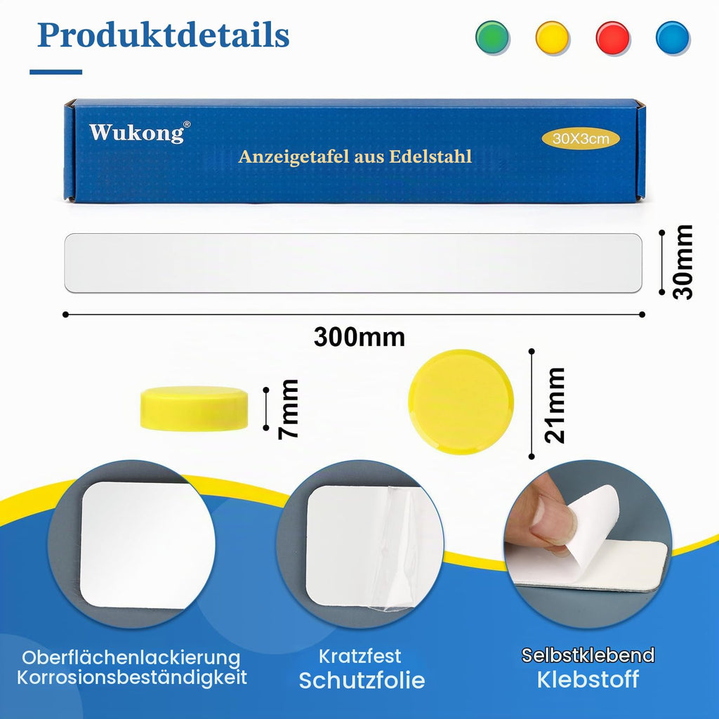 Wukong 6 Stück Magnettafel Memotafel, 30x3cm Weiß Selbstklebend Magnetleisten mit 16 Stück Runden Starke Magnete für Büro, Pinnwand, Fotowand, Dokumente und Kühlschrank