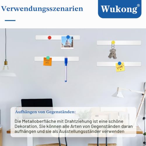Wukong 6 Stück Magnettafel Memotafel, 30x3cm Weiß Selbstklebend Magnetleisten mit 16 Stück Runden Starke Magnete für Büro, Pinnwand, Fotowand, Dokumente und Kühlschrank