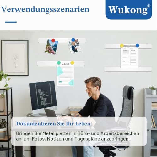 Wukong 6 Stück Magnettafel Memotafel, 30x3cm Weiß Selbstklebend Magnetleisten mit 16 Stück Runden Starke Magnete für Büro, Pinnwand, Fotowand, Dokumente und Kühlschrank
