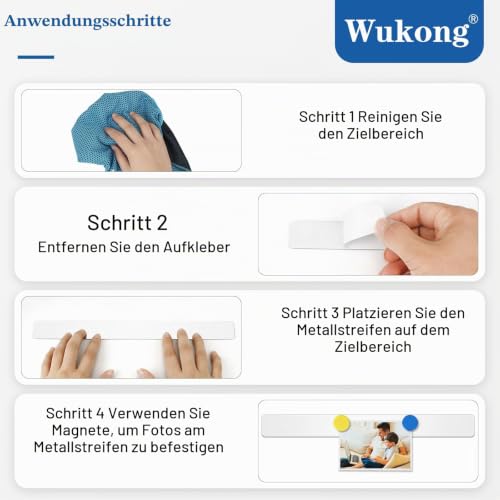 Wukong 6 Stück Magnettafel Memotafel, 30x3cm Weiß Selbstklebend Magnetleisten mit 16 Stück Runden Starke Magnete für Büro, Pinnwand, Fotowand, Dokumente und Kühlschrank