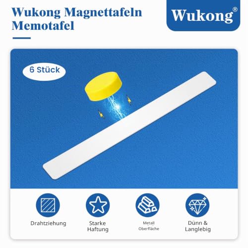 Wukong 6 Stück Magnettafel Memotafel, 30x3cm Weiß Selbstklebend Magnetleisten mit 16 Stück Runden Starke Magnete für Büro, Pinnwand, Fotowand, Dokumente und Kühlschrank