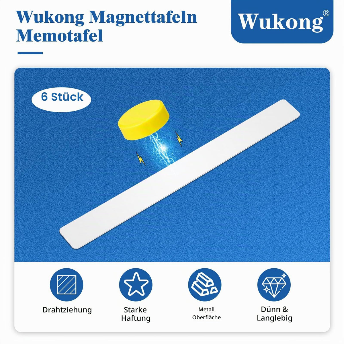 Wukong 6 Stück Magnettafel Memotafel, 30x3cm Weiß Selbstklebend Magnetleisten mit 16 Stück Runden Starke Magnete für Büro, Pinnwand, Fotowand, Dokumente und Kühlschrank