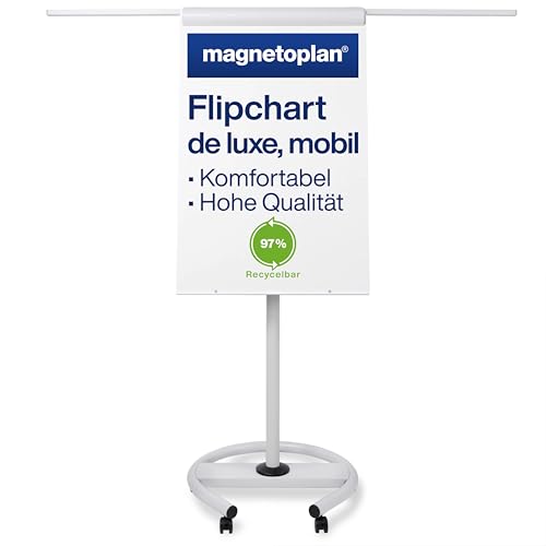 magnetoplan Flipchart De Luxe, mobil | Höhenverstellbar bis 2,0 m | 2 Seitenarme für 3-fache Präsentationsfläche | Mobil mit Rollen | Vollstahlkonstruktion Weiß/Lichtgrau | Schreibfläche 680x1043mm