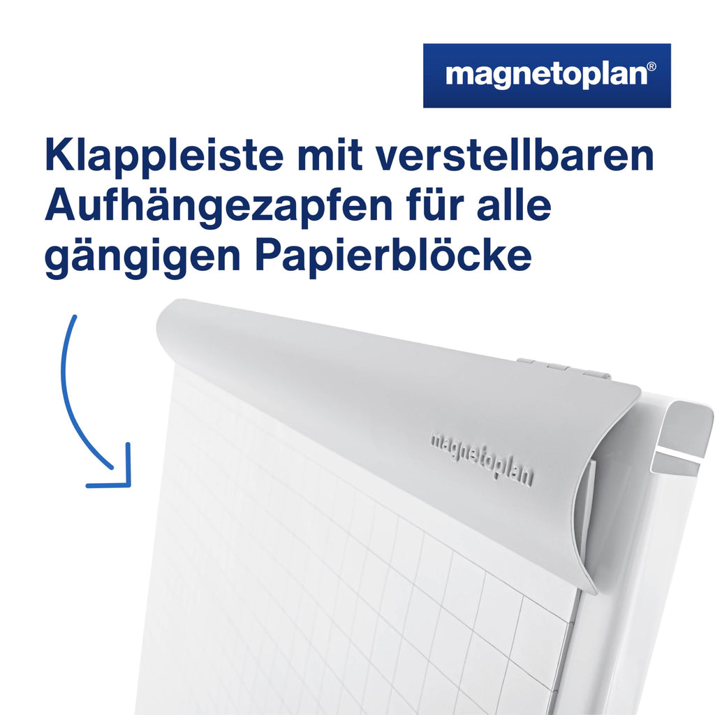 magnetoplan Flipchart De Luxe, mobil | Höhenverstellbar bis 2,0 m | 2 Seitenarme für 3-fache Präsentationsfläche | Mobil mit Rollen | Vollstahlkonstruktion Weiß/Lichtgrau | Schreibfläche 680x1043mm