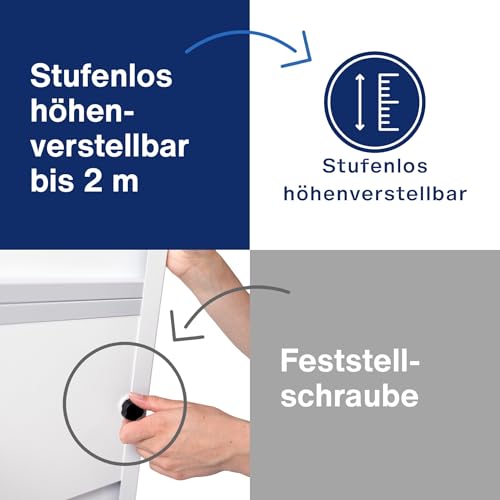magnetoplan Flipchart De Luxe, mobil | Höhenverstellbar bis 2,0 m | 2 Seitenarme für 3-fache Präsentationsfläche | Mobil mit Rollen | Vollstahlkonstruktion Weiß/Lichtgrau | Schreibfläche 680x1043mm