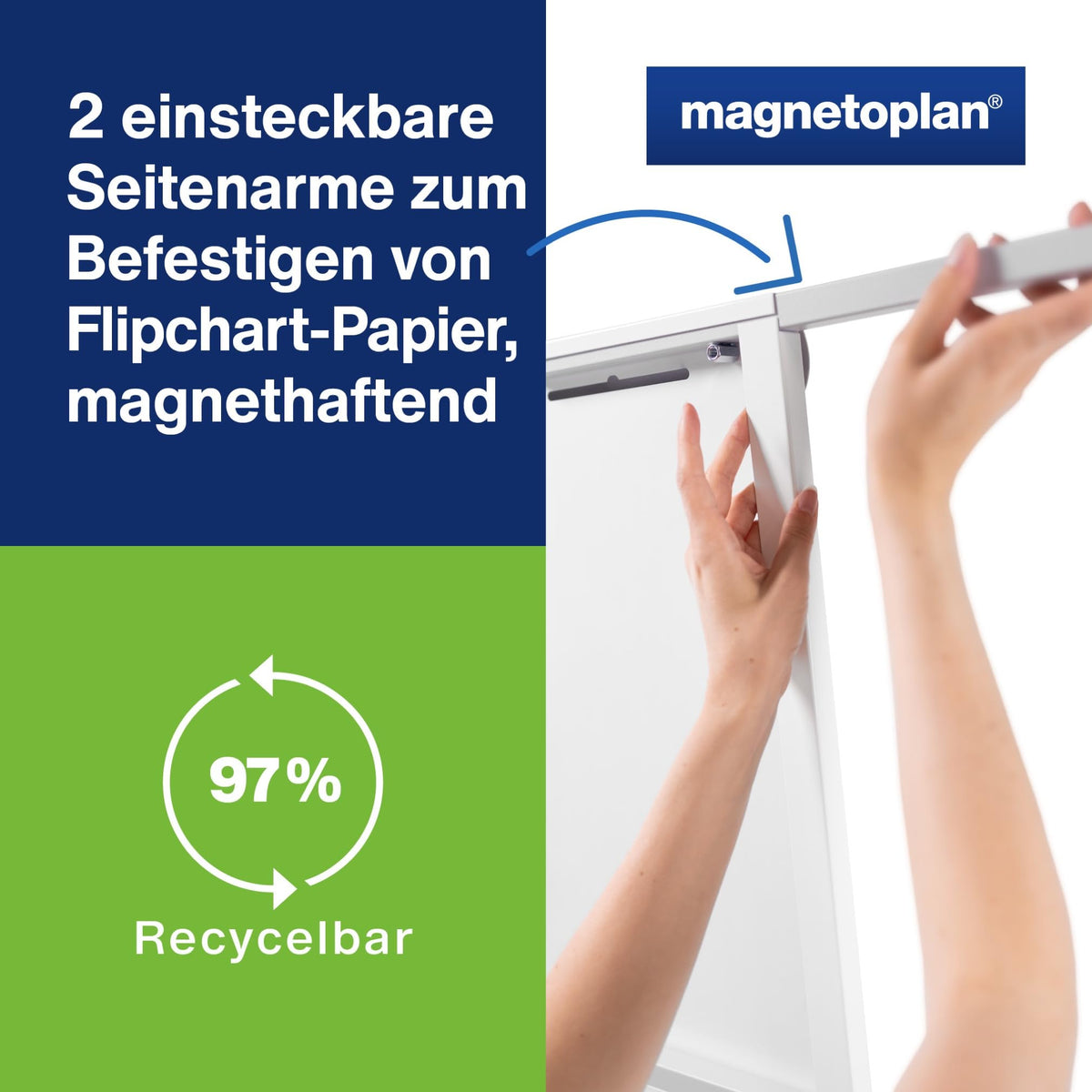 magnetoplan Flipchart De Luxe, mobil | Höhenverstellbar bis 2,0 m | 2 Seitenarme für 3-fache Präsentationsfläche | Mobil mit Rollen | Vollstahlkonstruktion Weiß/Lichtgrau | Schreibfläche 680x1043mm