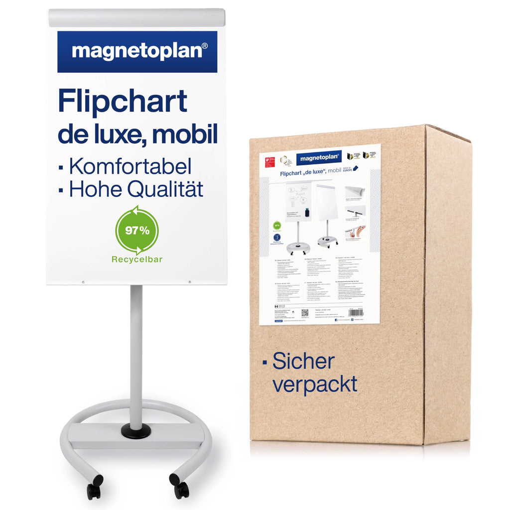 magnetoplan Flipchart De Luxe, mobil | Höhenverstellbar bis 2,0 m | 2 Seitenarme für 3-fache Präsentationsfläche | Mobil mit Rollen | Vollstahlkonstruktion Weiß/Lichtgrau | Schreibfläche 680x1043mm