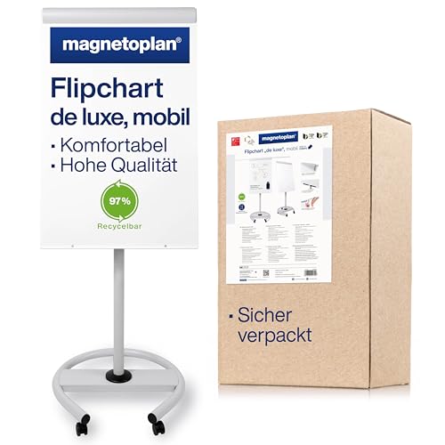 magnetoplan Flipchart De Luxe, mobil | Höhenverstellbar bis 2,0 m | 2 Seitenarme für 3-fache Präsentationsfläche | Mobil mit Rollen | Vollstahlkonstruktion Weiß/Lichtgrau | Schreibfläche 680x1043mm