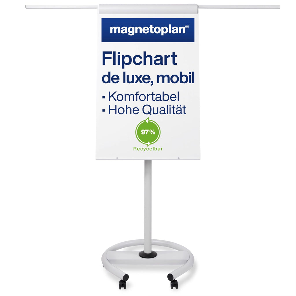magnetoplan Flipchart De Luxe, mobil | Höhenverstellbar bis 2,0 m | 2 Seitenarme für 3-fache Präsentationsfläche | Mobil mit Rollen | Vollstahlkonstruktion Weiß/Lichtgrau | Schreibfläche 680x1043mm