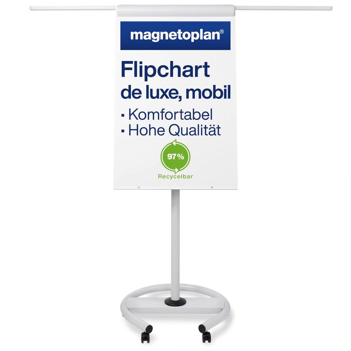 magnetoplan Flipchart De Luxe, mobil | Höhenverstellbar bis 2,0 m | 2 Seitenarme für 3-fache Präsentationsfläche | Mobil mit Rollen | Vollstahlkonstruktion Weiß/Lichtgrau | Schreibfläche 680x1043mm