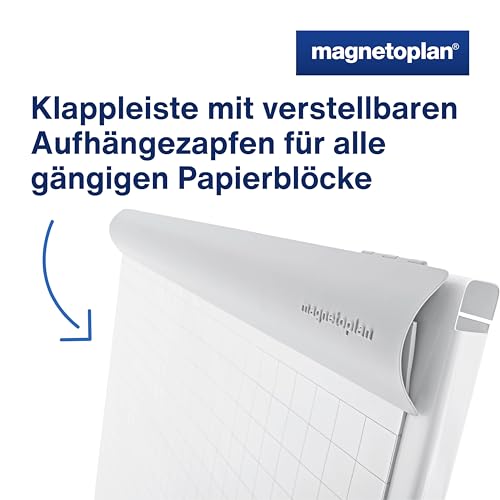 magnetoplan Flipchart De Luxe, mobil | Höhenverstellbar bis 2,0 m | 2 Seitenarme für 3-fache Präsentationsfläche | Mobil mit Rollen | Vollstahlkonstruktion Weiß/Lichtgrau | Schreibfläche 680x1043mm