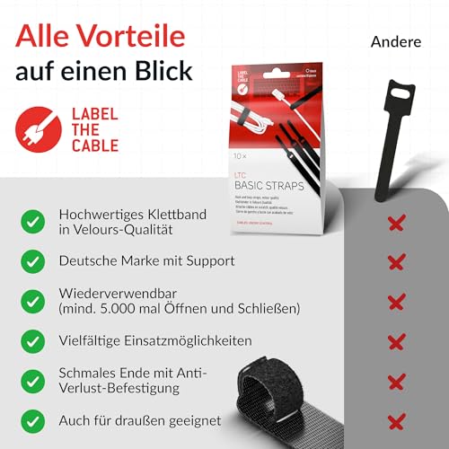 Basic Straps Klett-Kabelbinder, 17cm x 14mm, Schwarz, 10 St
