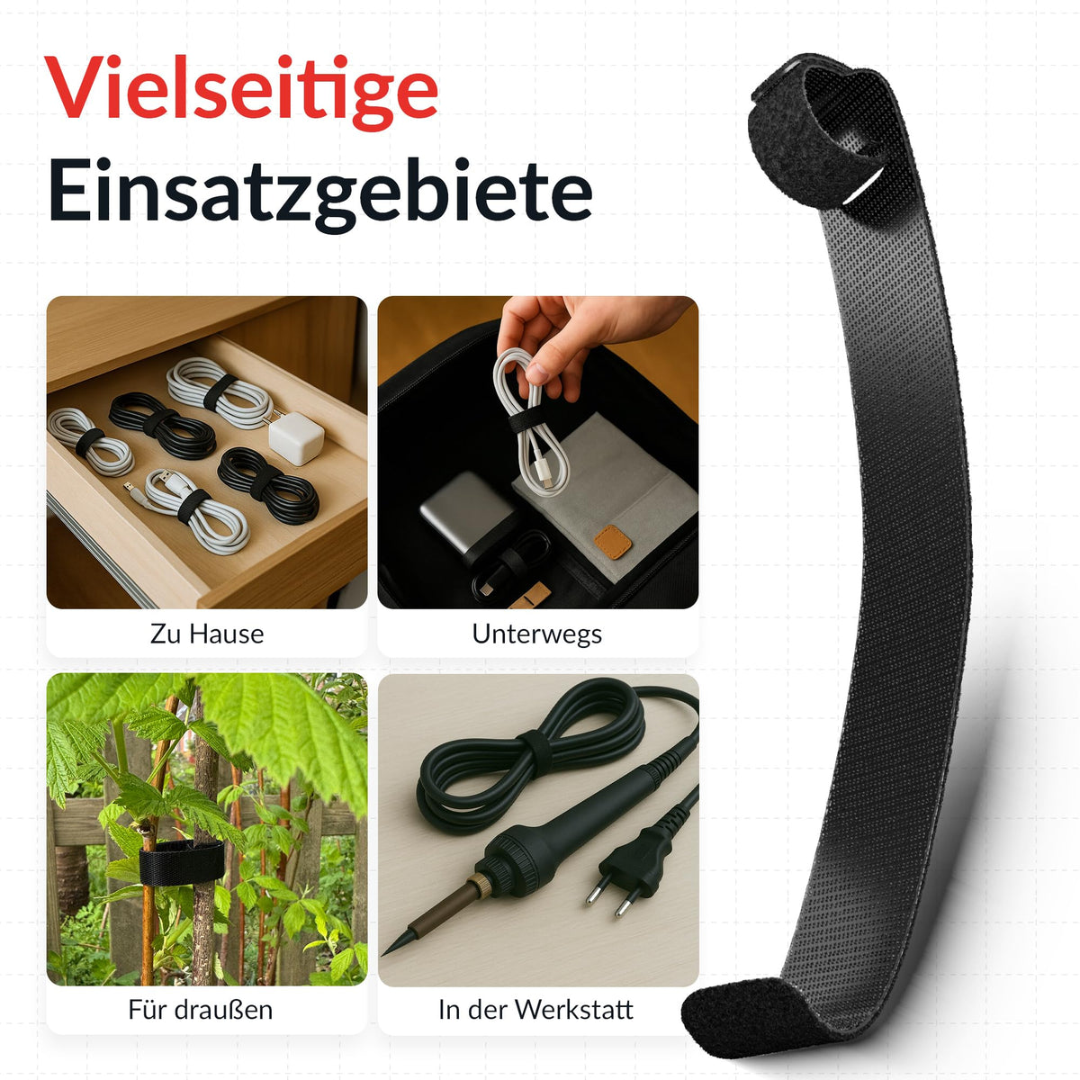Basic Straps Klett-Kabelbinder, 17cm x 14mm, Schwarz, 10 St