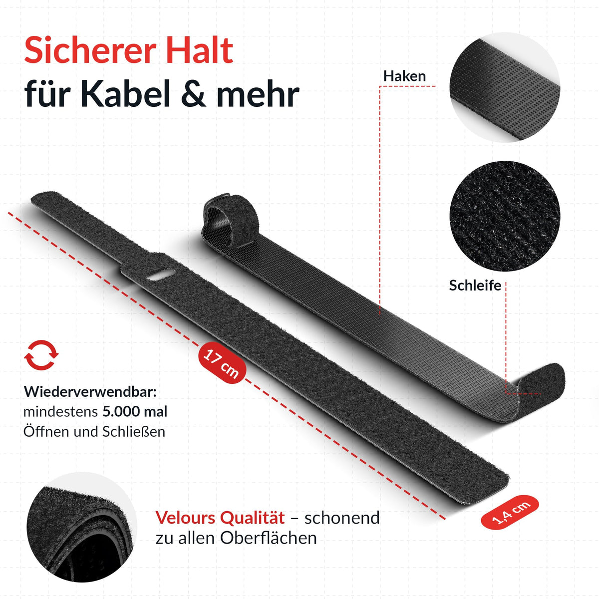 Basic Straps Klett-Kabelbinder, 17cm x 14mm, Schwarz, 10 St