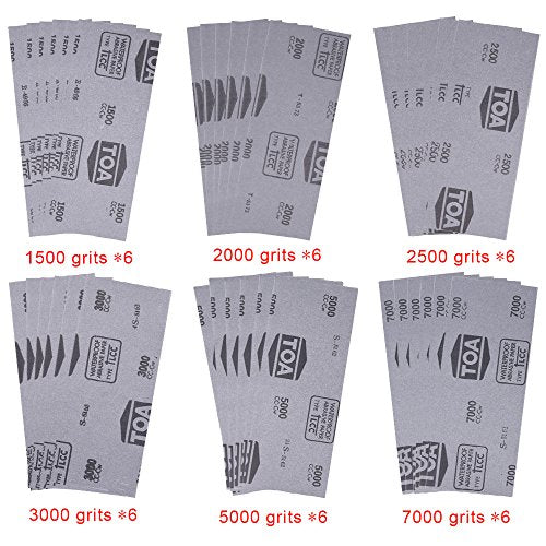 SIQUK 36 Stück Schleifpapier Set 1500 2000 2500 3000 5000 7000 Grit Schleifpapier Sortiment Trocken/Nass Sandpapier für das Automobilschleifen von Holzmöbeln, 9 x 3,6 Zoll