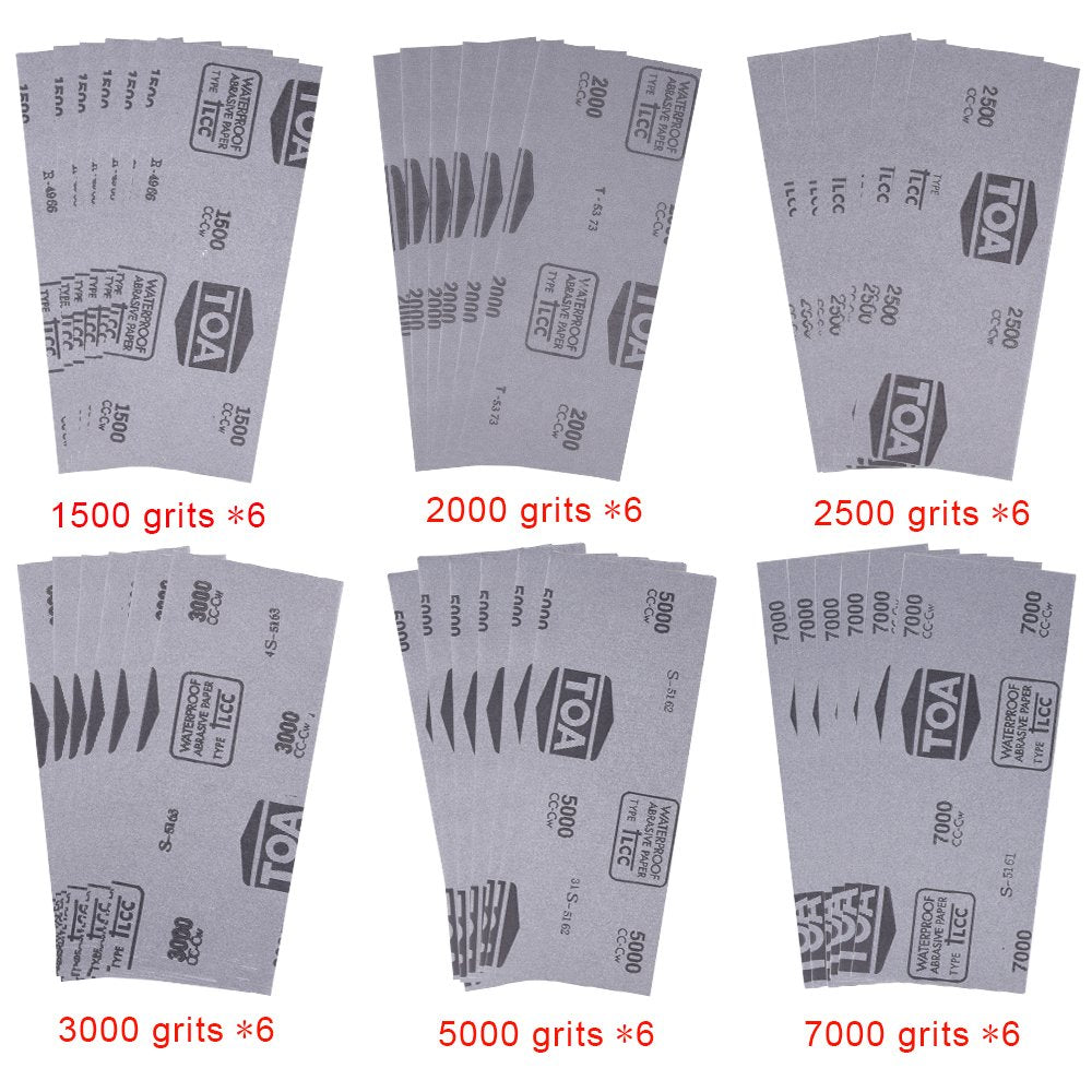 SIQUK 36 Stück Schleifpapier Set 1500 2000 2500 3000 5000 7000 Grit Schleifpapier Sortiment Trocken/Nass Sandpapier für das Automobilschleifen von Holzmöbeln, 9 x 3,6 Zoll