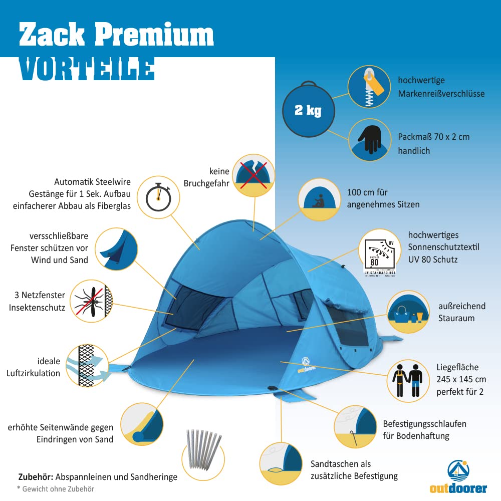 outdoorer Pop up Strandmuschel Zack Premium - Wurfmuschel mit UV 80 Sonnenschutz, Strandzelt, Windschutz