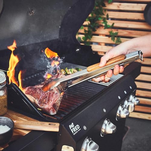 BURNHARD® Lange Edelstahl Grillzange (45 cm) Akazien-Holzgriff, Grill-Zubehör, Aufhänge-Ösen