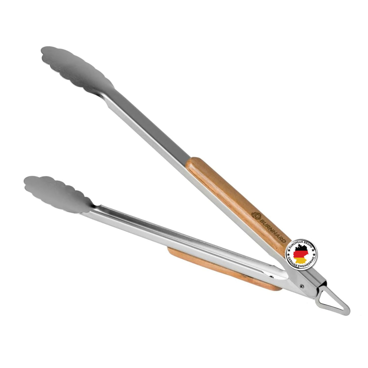 BURNHARD® Lange Edelstahl Grillzange (45 cm) Akazien-Holzgriff, Grill-Zubehör, Aufhänge-Ösen