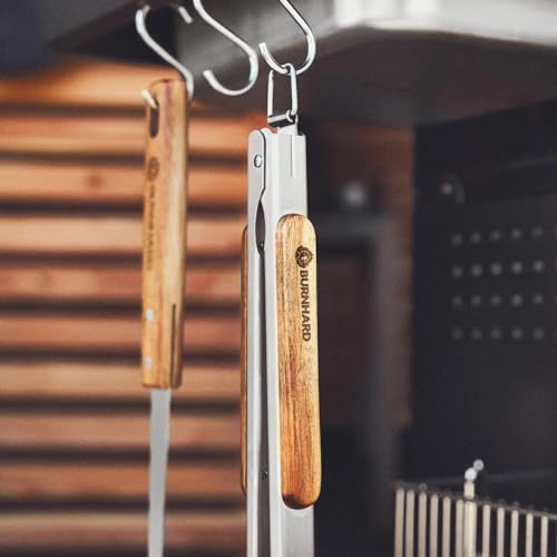 BURNHARD® Lange Edelstahl Grillzange (45 cm) Akazien-Holzgriff, Grill-Zubehör, Aufhänge-Ösen