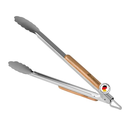 BURNHARD® Lange Edelstahl Grillzange (45 cm) Akazien-Holzgriff, Grill-Zubehör, Aufhänge-Ösen