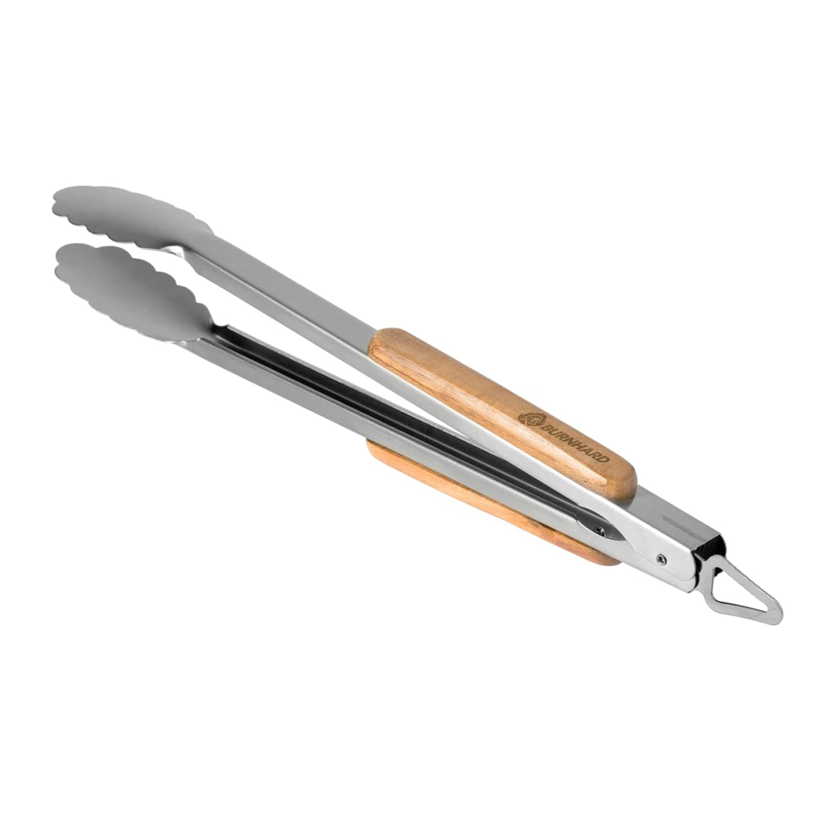 BURNHARD® Lange Edelstahl Grillzange (45 cm) Akazien-Holzgriff, Grill-Zubehör, Aufhänge-Ösen