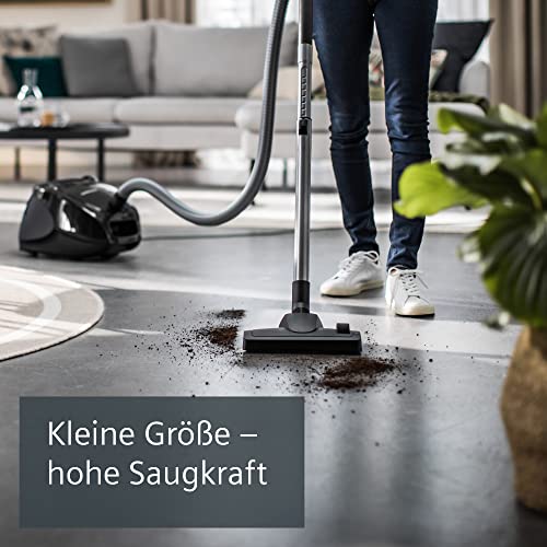 Siemens Staubsauger mit Beutel synchropower VS06B112A, Bodenstaubsauger, Hygiene-Filter, Bodendüse für Parkett, Teppich, Fliesen, starke Saugleistung, langes Kabel, Fugendüse, 700 W, schwarz