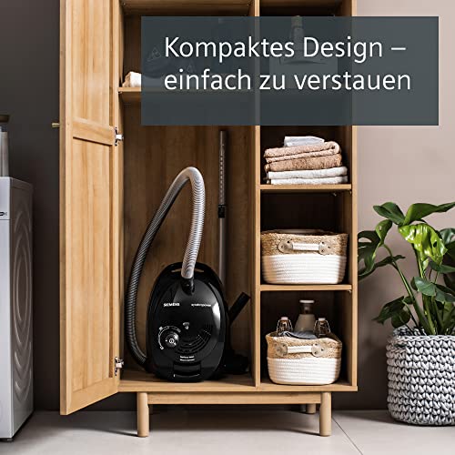Siemens Staubsauger mit Beutel synchropower VS06B112A, Bodenstaubsauger, Hygiene-Filter, Bodendüse für Parkett, Teppich, Fliesen, starke Saugleistung, langes Kabel, Fugendüse, 700 W, schwarz