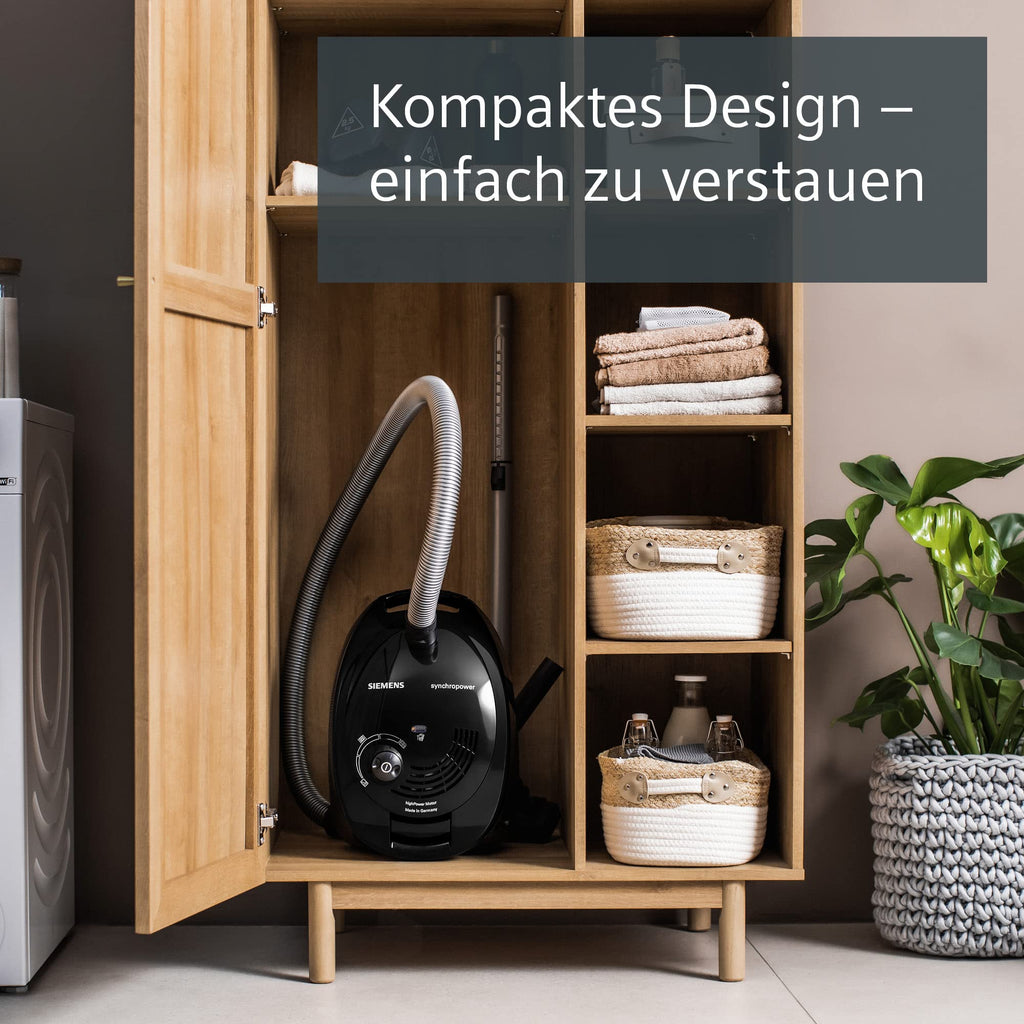 Siemens Staubsauger mit Beutel synchropower VS06B112A, Bodenstaubsauger, Hygiene-Filter, Bodendüse für Parkett, Teppich, Fliesen, starke Saugleistung, langes Kabel, Fugendüse, 700 W, schwarz