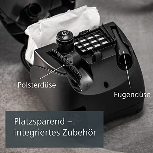Siemens Staubsauger mit Beutel synchropower VS06B112A, Bodenstaubsauger, Hygiene-Filter, Bodendüse für Parkett, Teppich, Fliesen, starke Saugleistung, langes Kabel, Fugendüse, 700 W, schwarz