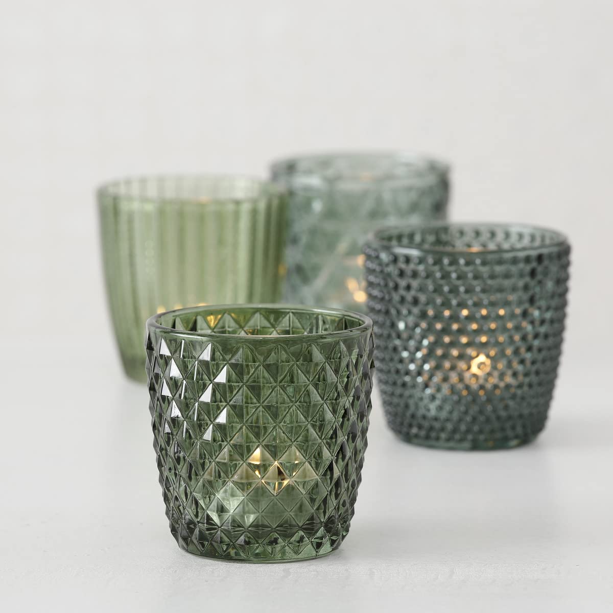Boltze Windlicht Set Marilu 4-teilig (grün, Deko-Gläser für Kerzen / Teelichter, Kerzenständer ø 8 cm, verschiedene Muster, Form rund, Teelichthalter) 1014420