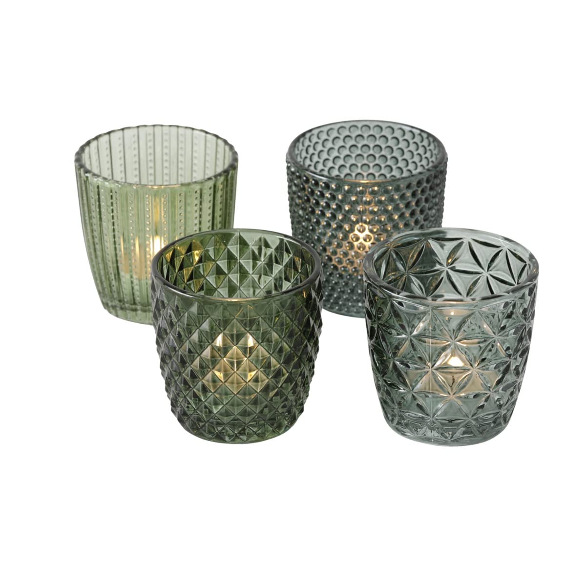 Boltze Windlicht Set Marilu 4-teilig (grün, Deko-Gläser für Kerzen / Teelichter, Kerzenständer ø 8 cm, verschiedene Muster, Form rund, Teelichthalter) 1014420