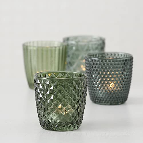 Boltze Windlicht Set Marilu 4-teilig (grün, Deko-Gläser für Kerzen / Teelichter, Kerzenständer ø 8 cm, verschiedene Muster, Form rund, Teelichthalter) 1014420