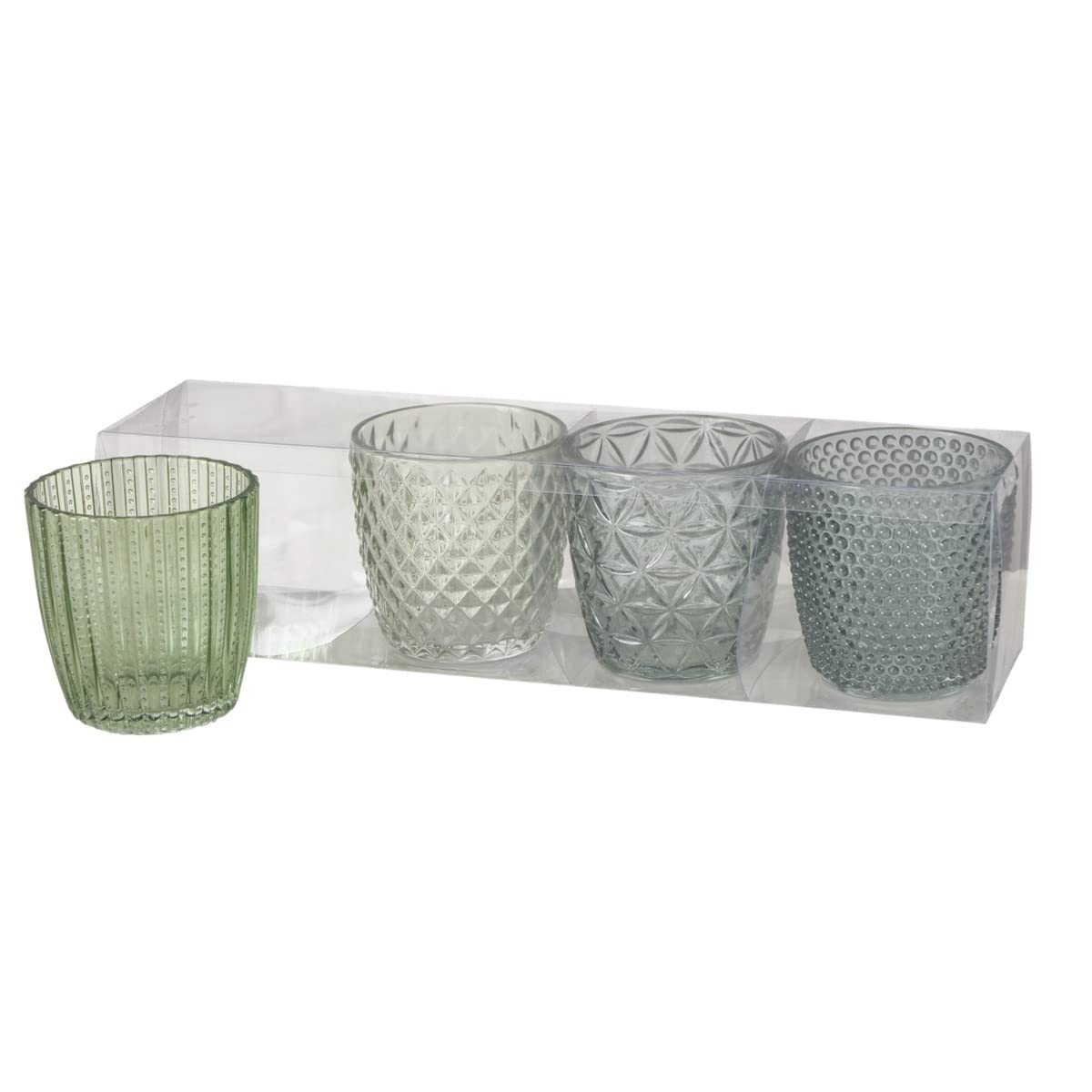 Boltze Windlicht Set Marilu 4-teilig (grün, Deko-Gläser für Kerzen / Teelichter, Kerzenständer ø 8 cm, verschiedene Muster, Form rund, Teelichthalter) 1014420