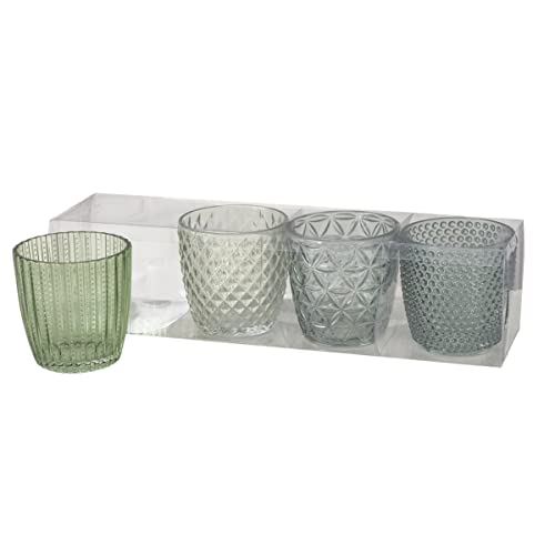 Boltze Windlicht Set Marilu 4-teilig (grün, Deko-Gläser für Kerzen / Teelichter, Kerzenständer ø 8 cm, verschiedene Muster, Form rund, Teelichthalter) 1014420