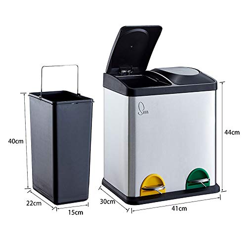 SVITA TC2X15 Edelstahl Küchen-Eimer 30 Liter Silber 2x15L doppelter Abfalleimer 2er-Mülleimer Mülltrennung mit Inneneimer große Abfallbehälter Treteimer Küche Bad