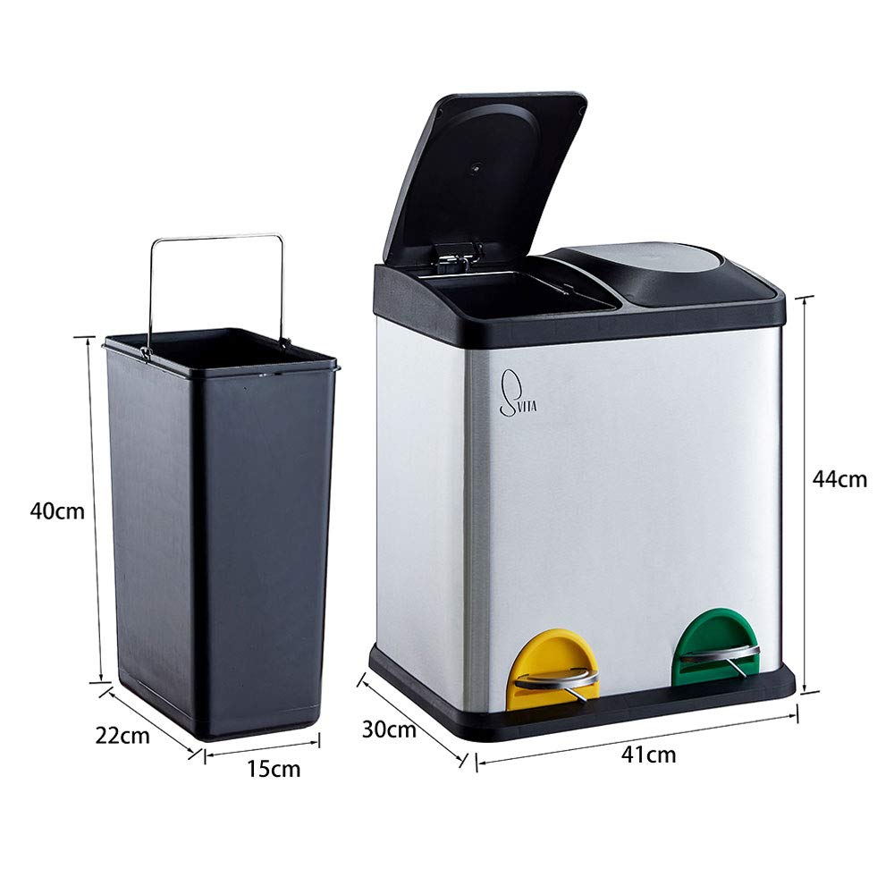 SVITA TC2X15 Edelstahl Küchen-Eimer 30 Liter Silber 2x15L doppelter Abfalleimer 2er-Mülleimer Mülltrennung mit Inneneimer große Abfallbehälter Treteimer Küche Bad