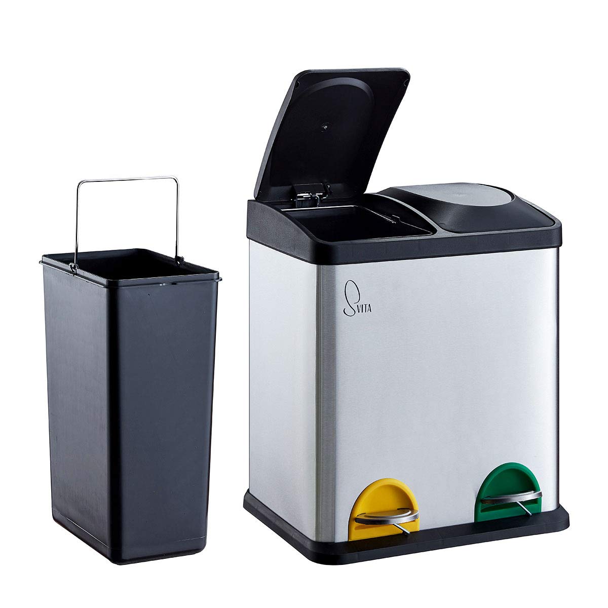 SVITA TC2X15 Edelstahl Küchen-Eimer 30 Liter Silber 2x15L doppelter Abfalleimer 2er-Mülleimer Mülltrennung mit Inneneimer große Abfallbehälter Treteimer Küche Bad